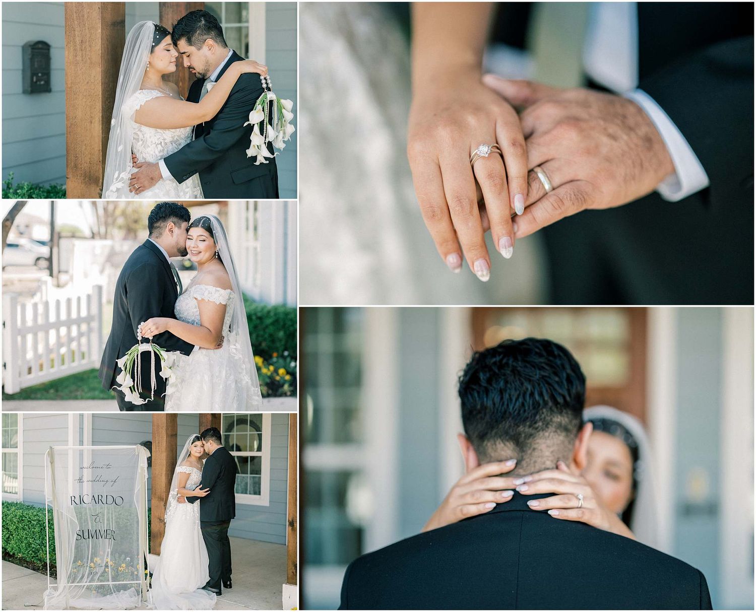 Black and white wedding photography collage showing romantic moments between newlyweds.