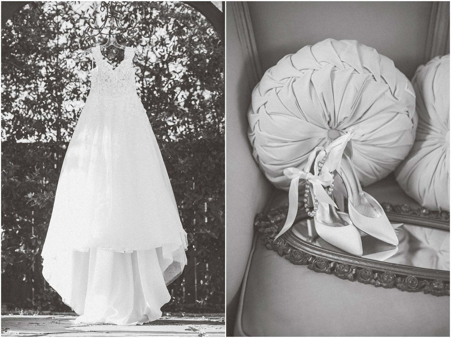 A series of white wedding dress and pumpkin decorations arranged in a creative fall themed display.