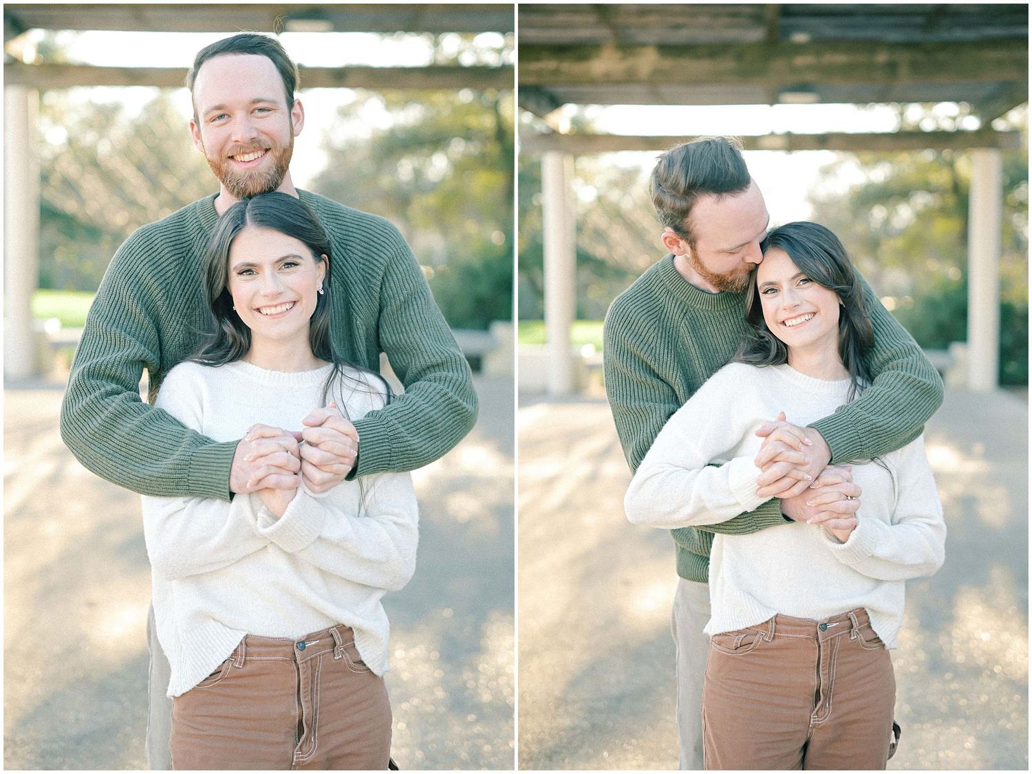 A couple in casual attire shares tender moments together during an outdoor autumn photoshoot in a sunlit park setting.