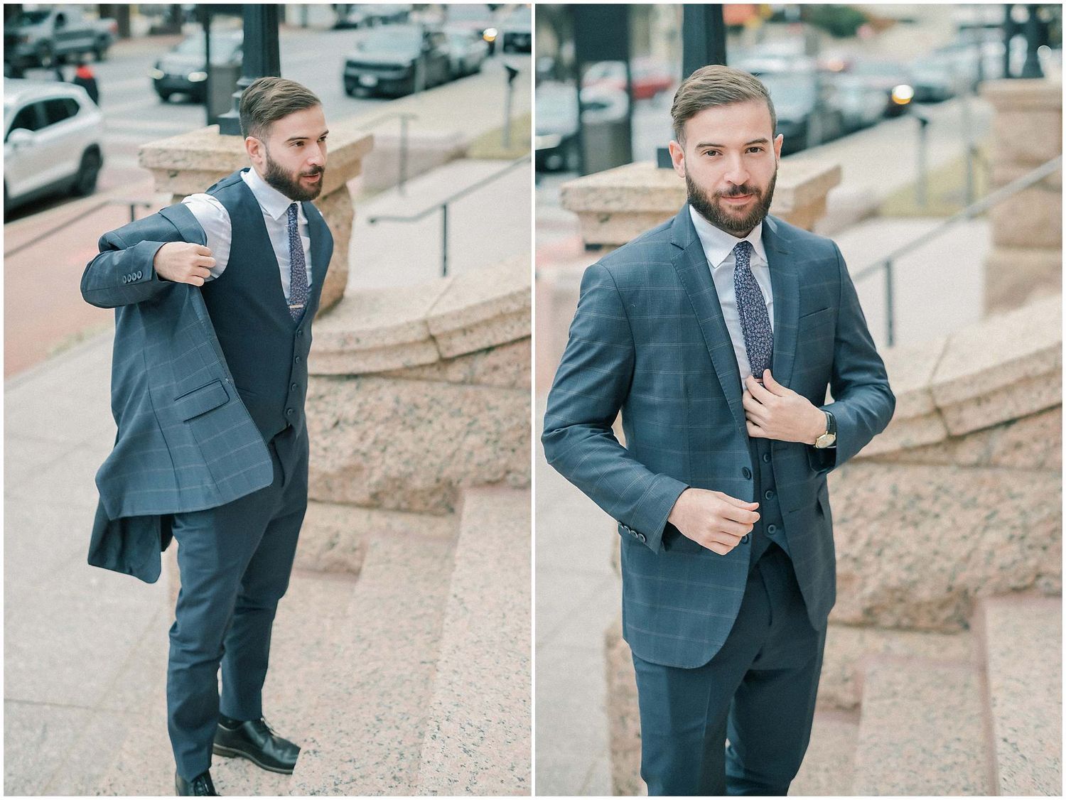Series of photos showing a person in a navy suit walking and posing outdoors.
