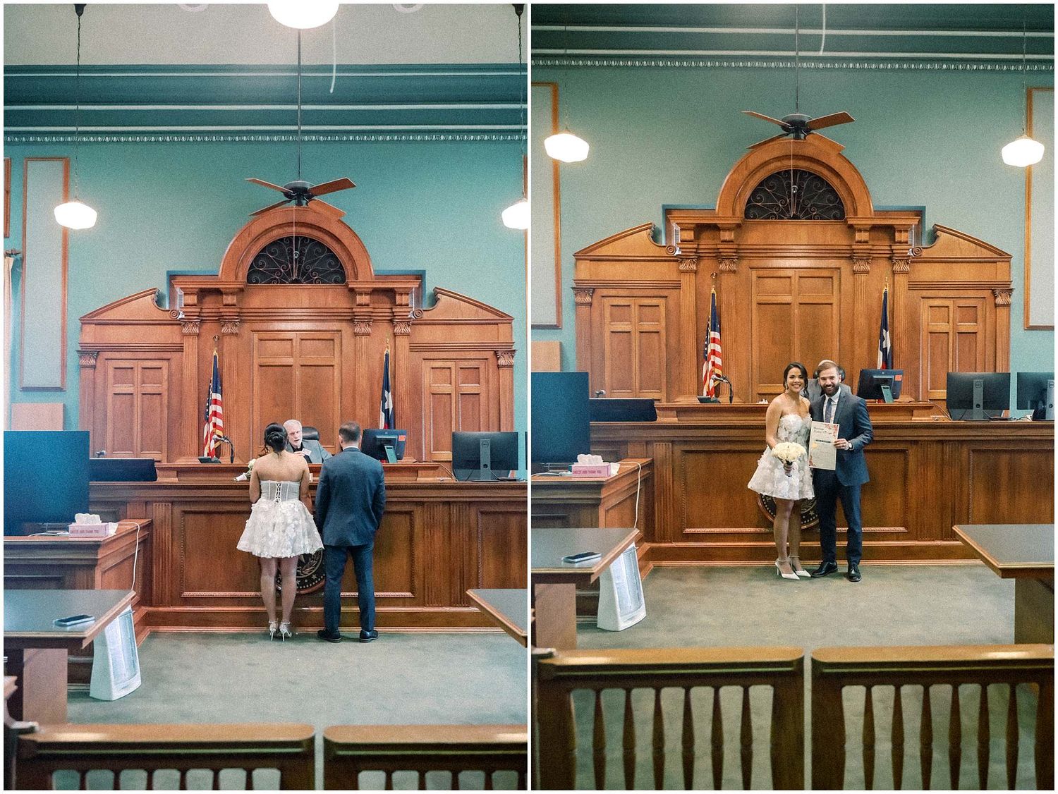 A sequence of photos showing a traditional courtroom with wooden furnishings and benches from different angles.