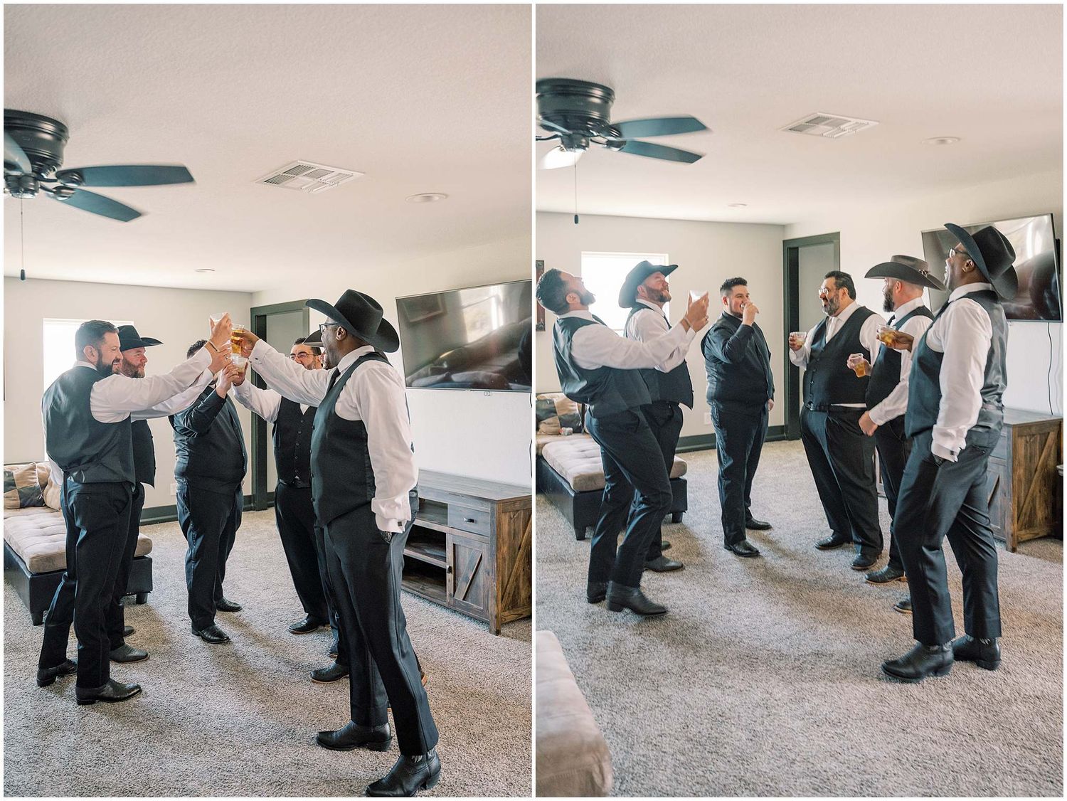 A group of groomsmen in formal attire getting ready and adjusting their outfits in a room.