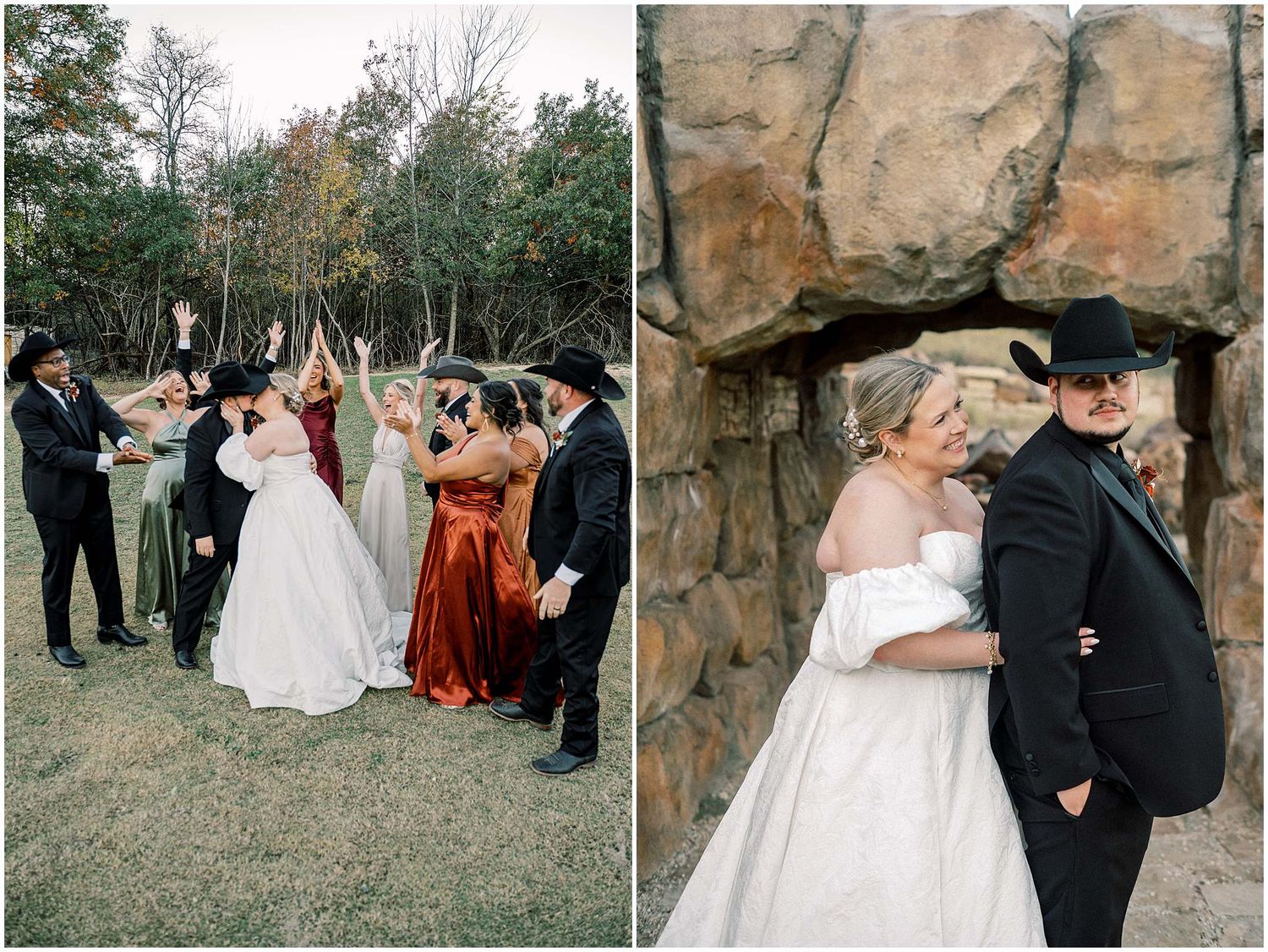 Wedding party celebrates outdoors as newlyweds share intimate moments against rustic stone wall backdrop.