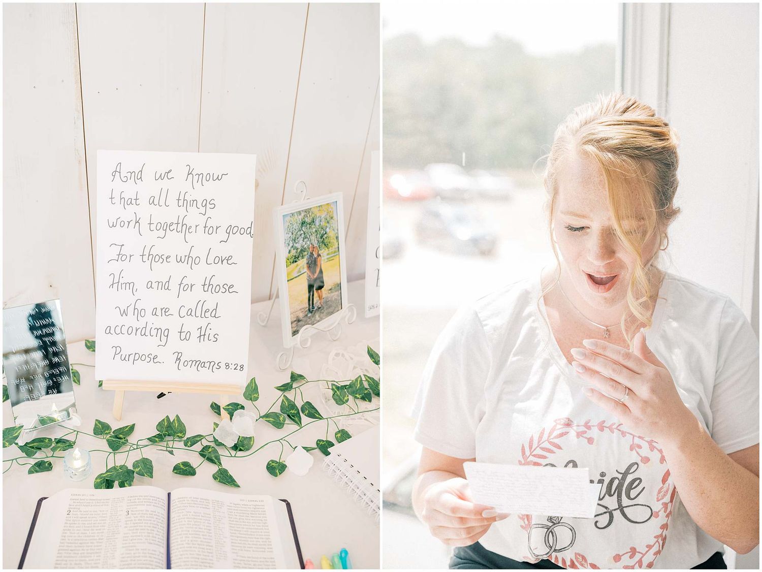 A series of wedding detail photos showing delicate greenery, handwritten notes, and soft romantic styling elements.