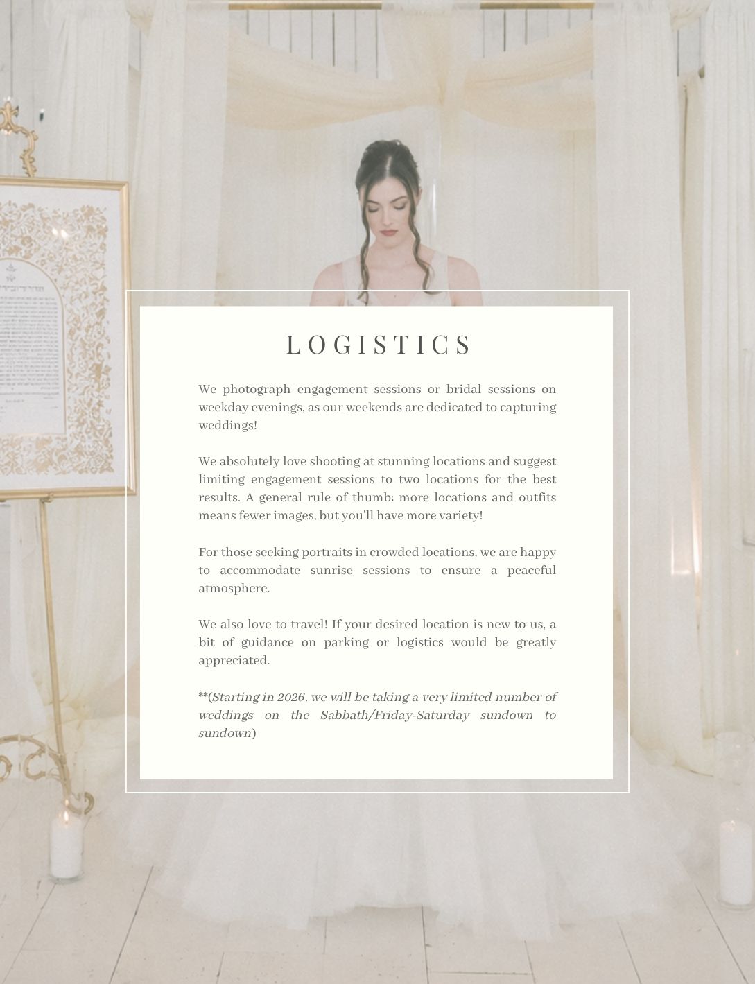 Wedding photography logistics page featuring a bride in a white gown standing before elegant decor and signage.