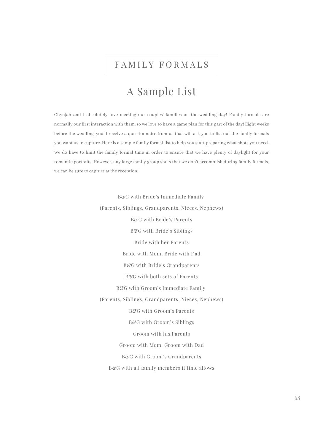 A wedding family formals sample list guide showing suggested photo groupings for bride and groom family portraits.