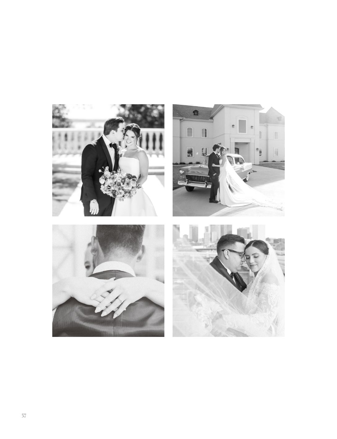 Black and white wedding photo collage featuring couples embracing, exchanging vows, and sharing romantic moments outdoors.