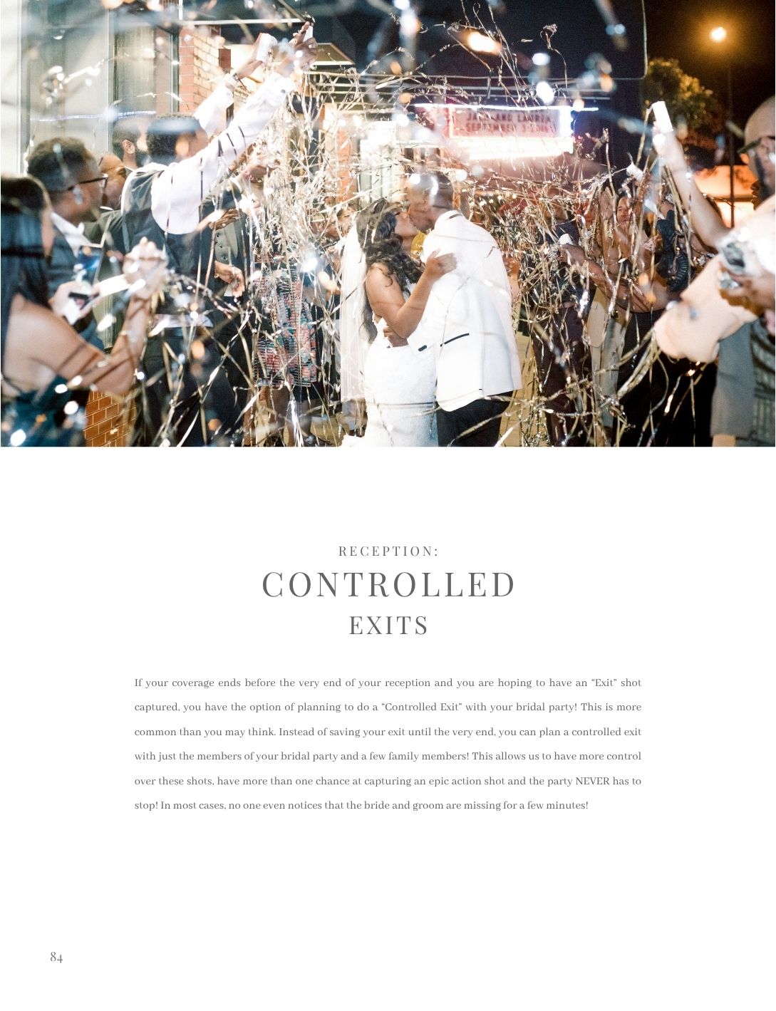 Bride and groom share romantic confetti exit at elegant evening wedding reception celebration.