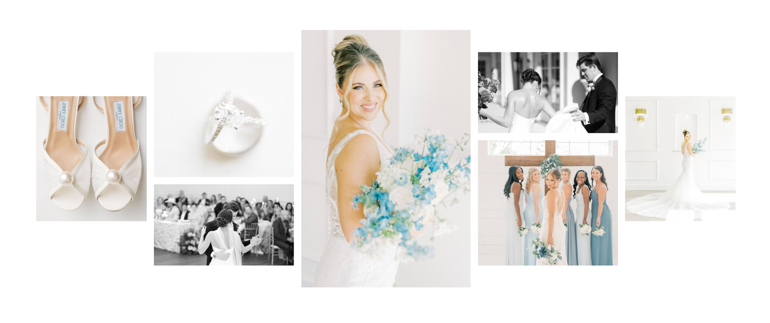 Elegant wedding collage featuring bridal shoes, bouquet, ceremony, and bridesmaids in blue dresses.