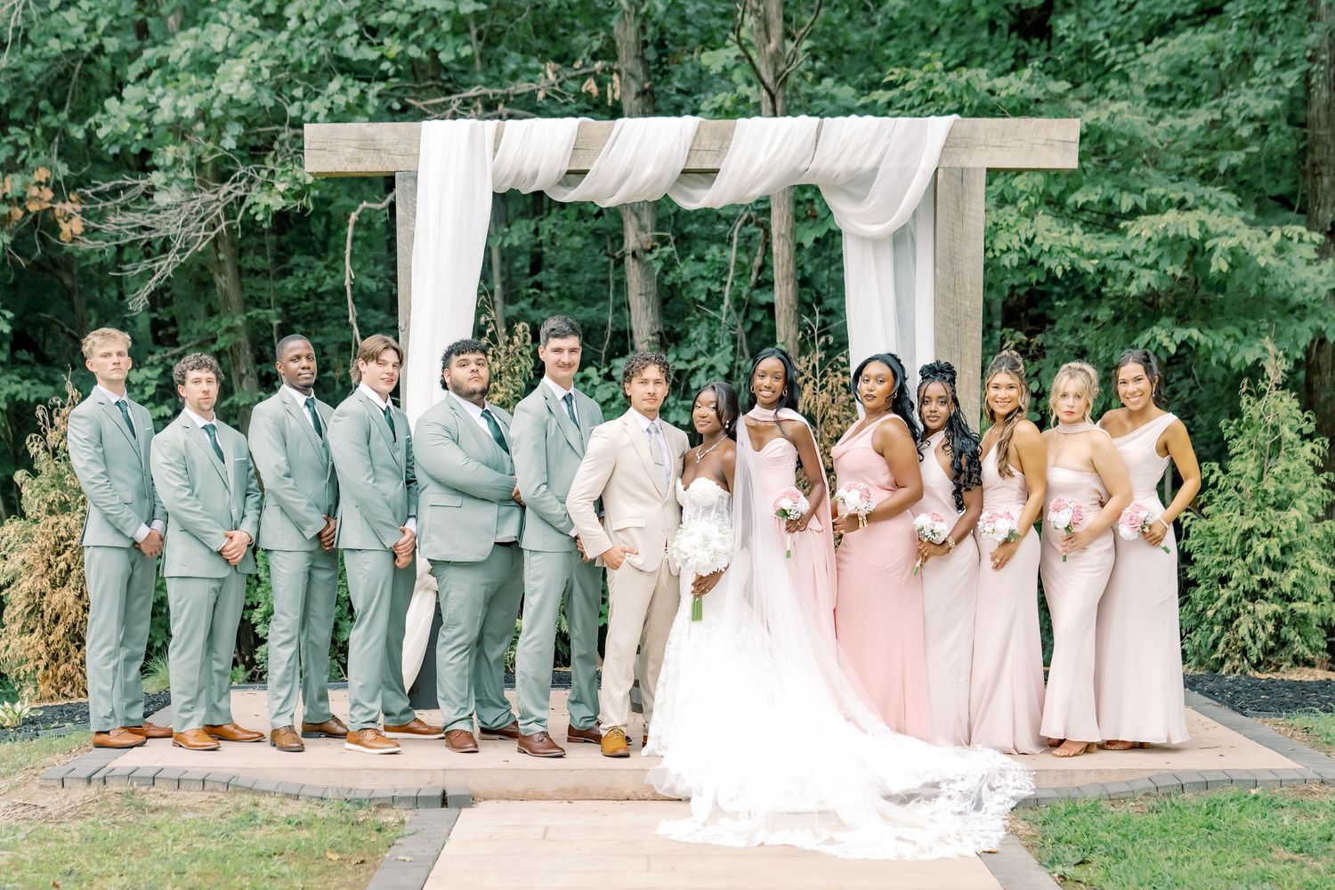 Wedding party poses outdoors under a draped wooden arch, groomsmen in gray suits and bridesmaids in blush pink gowns.
