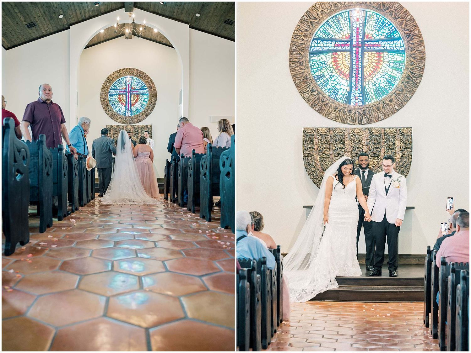 Church wedding ceremony with stained glass windows and traditional pew seating.
