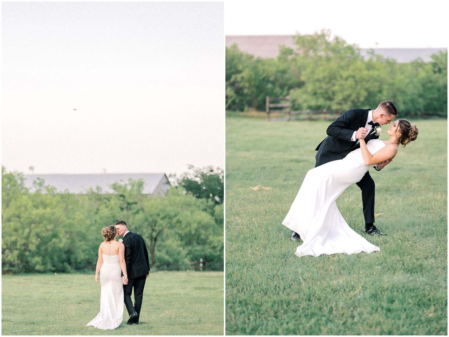 Wedding photography sequence showing romantic poses in a grassy field with natural lighting.
