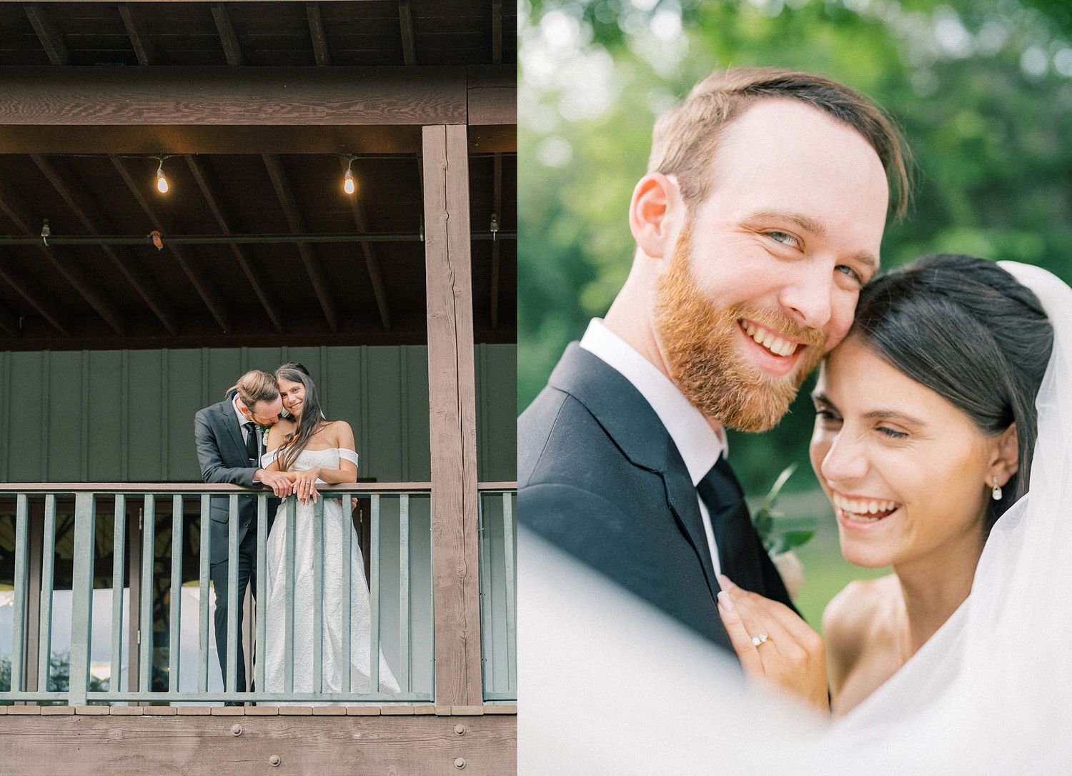 Candid wedding moments captured under a rustic wooden pavilion with natural lighting.