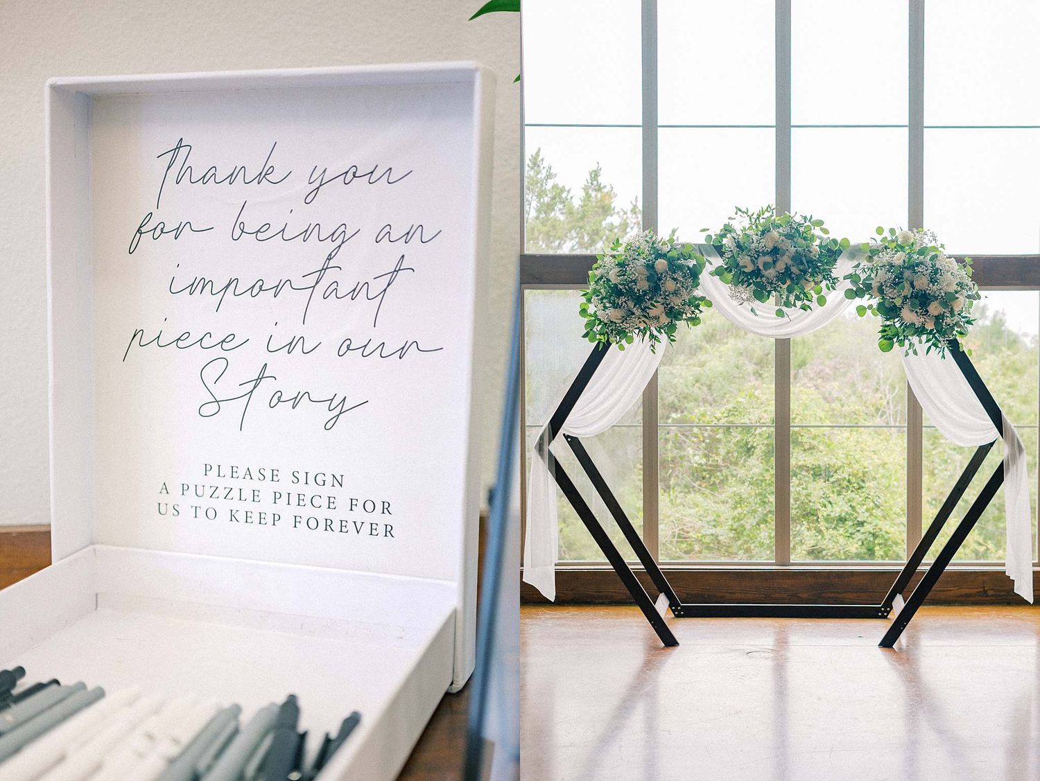 Modern wedding venue interior with large windows and handwritten wall text.