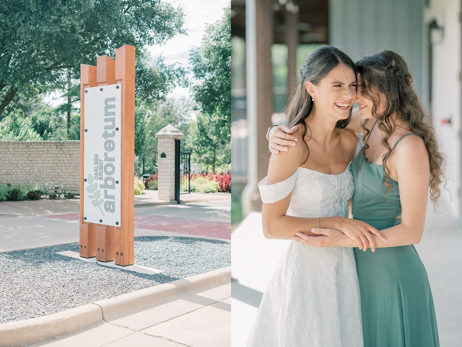 Wedding party members posing together on a covered walkway with columns.