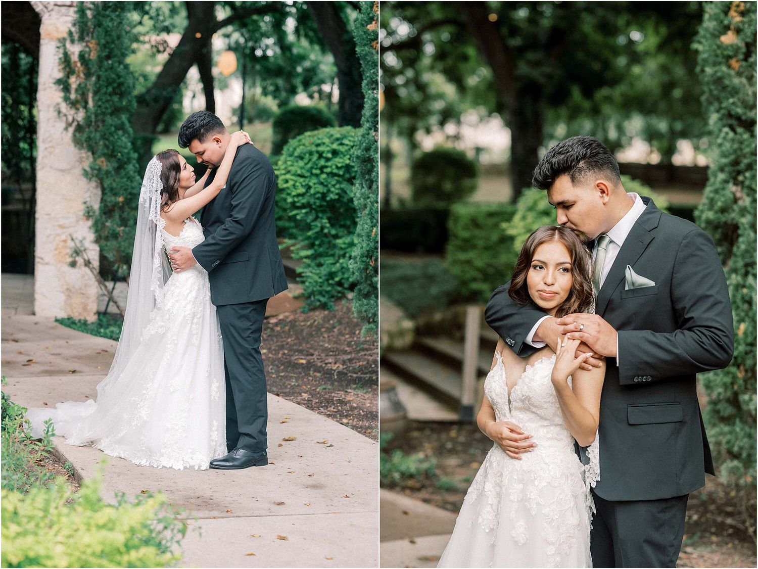 Romantic garden pathway moments between newlyweds surrounded by lush greenery.