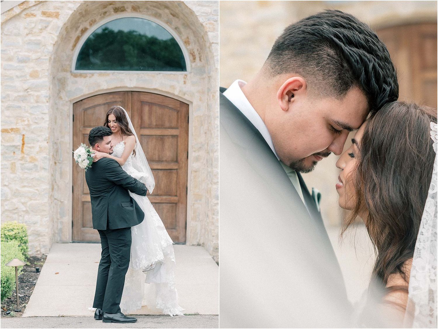 Sequence of romantic wedding moments photographed against stone architecture.