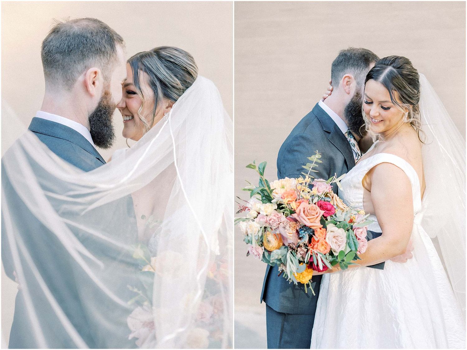 Wedding couple holding a vibrant coral and peach floral bouquet against neutral background.