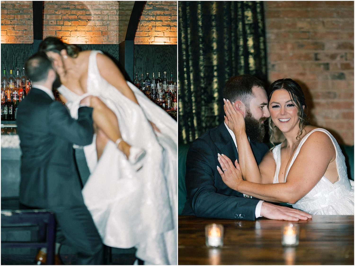 Wedding celebration at a bar venue with exposed brick walls and decorative lighting.