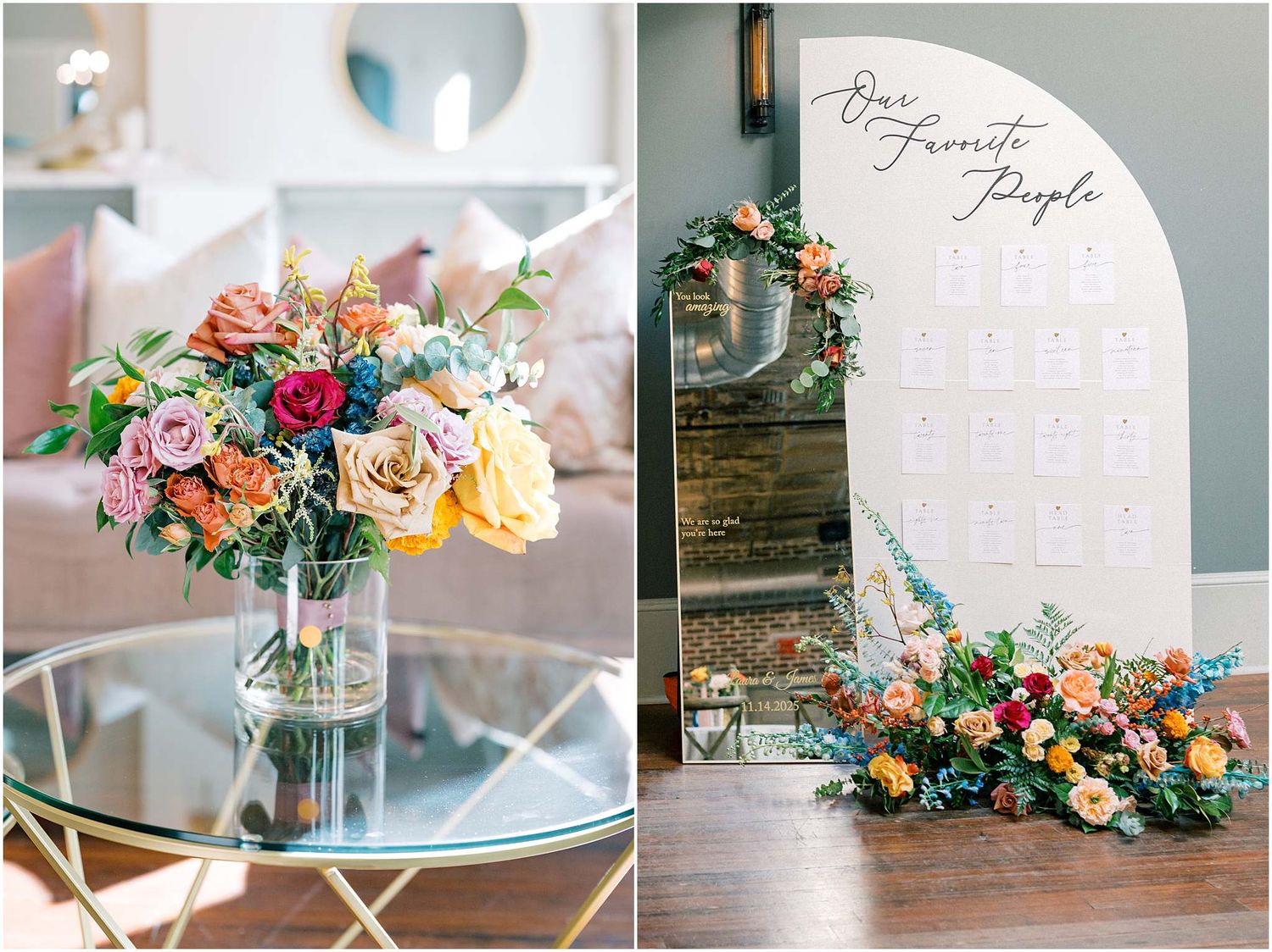 Colorful wedding floral arrangements featuring coral and blue blooms with rustic decor elements.