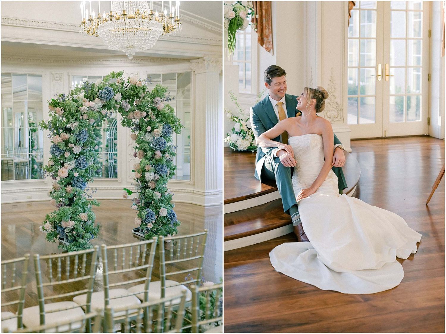 Elegant ballroom wedding venue with crystal chandeliers and floral arch decorations.