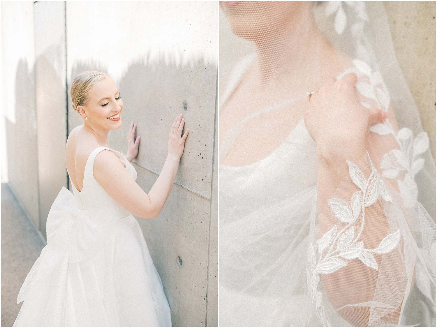 Classic bridal portrait showcasing elegant white dress and floral appliques.
