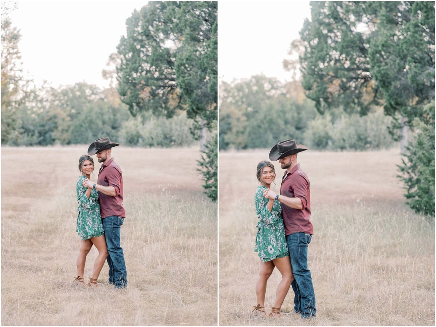 A couple dances together in a sunlit field wearing casual western attire and a floral dress.