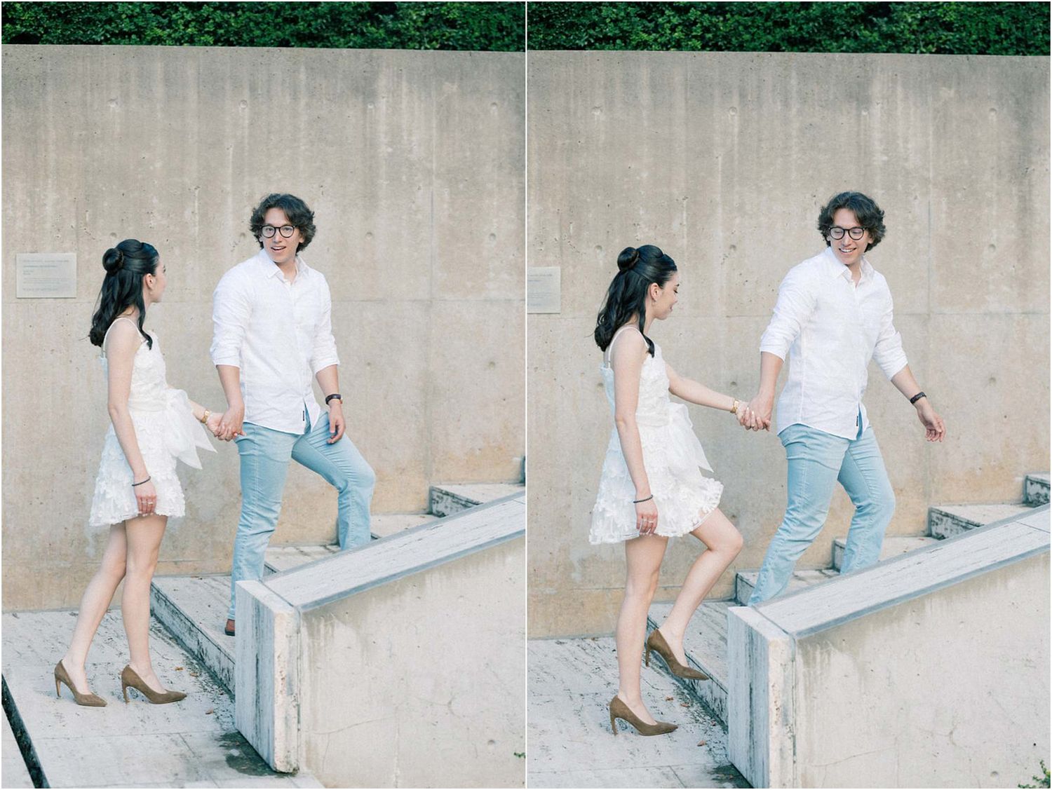 Couple in casual attire shares playful moments along concrete steps.