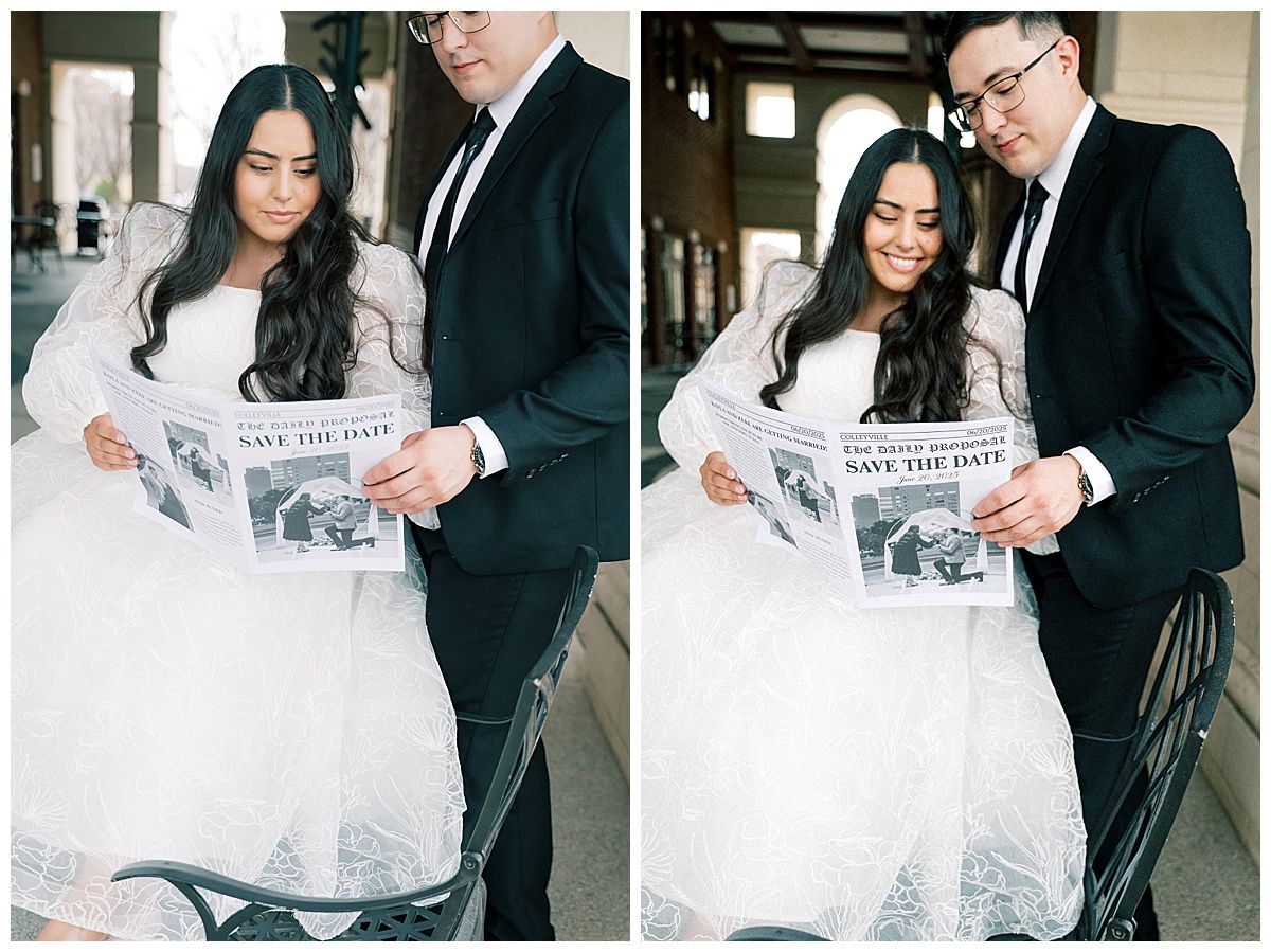 A sequence showing a couple reading their custom newspaper save the date cards.