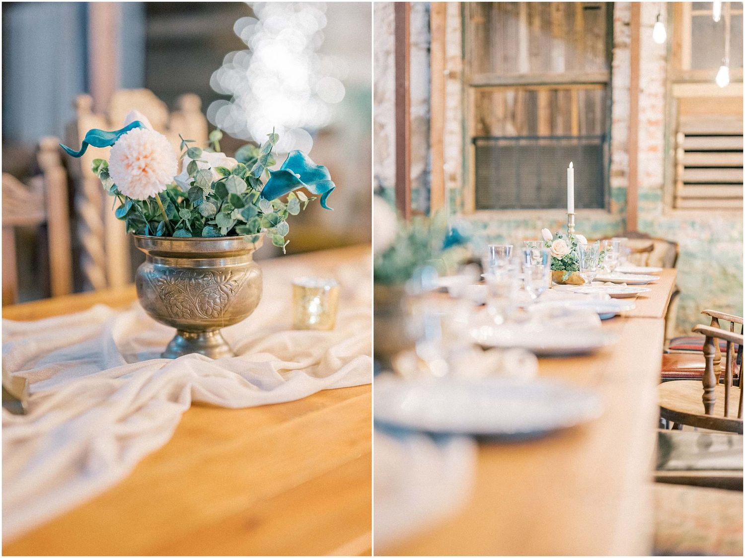 Elegant table settings with turquoise floral centerpieces and white linens in a rustic venue.