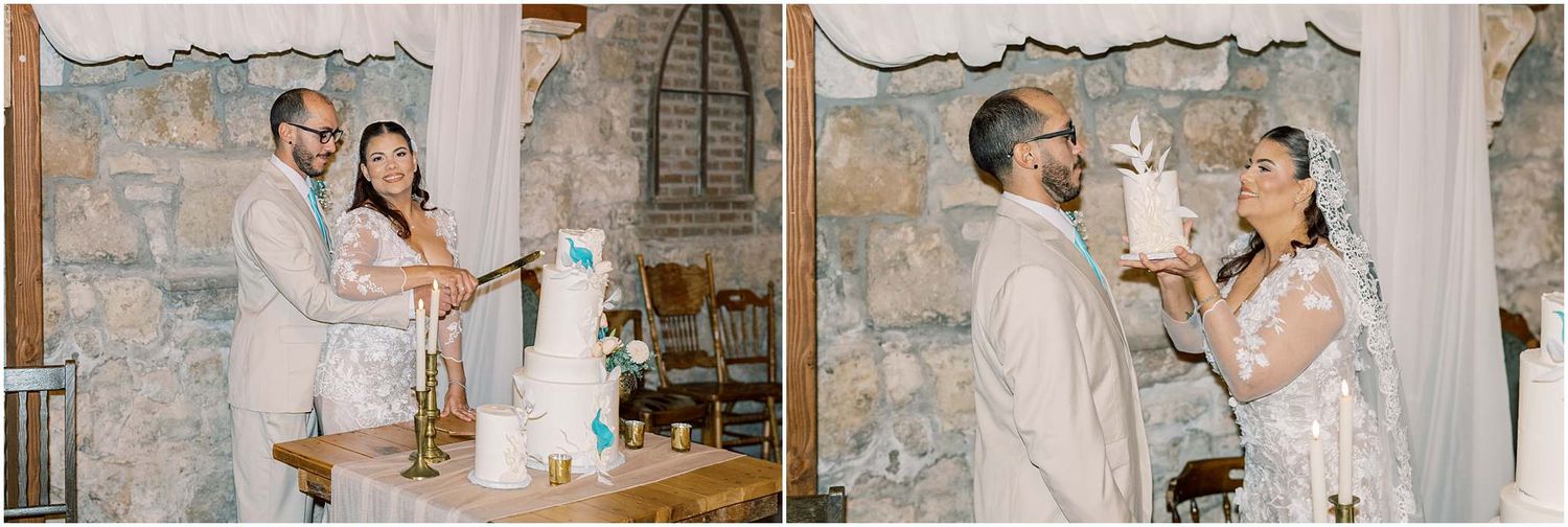 Wedding couple sharing intimate moments against a textured stone wall backdrop.