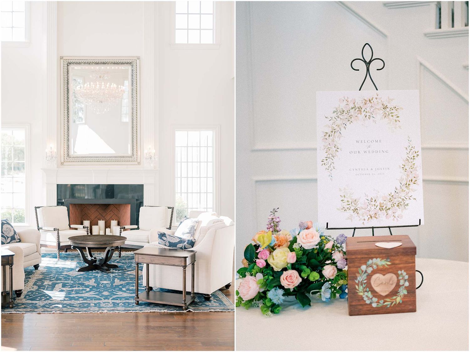 Elegant wedding reception decor with white walls and floral arrangements in a bright interior.