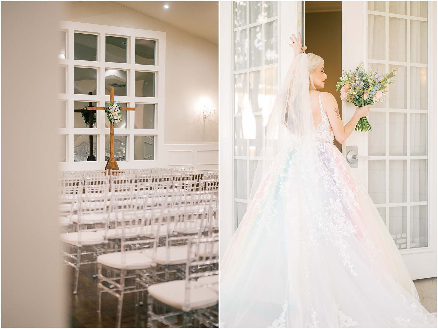 Interior of an elegant wedding venue with white chiavari chairs and large windows.