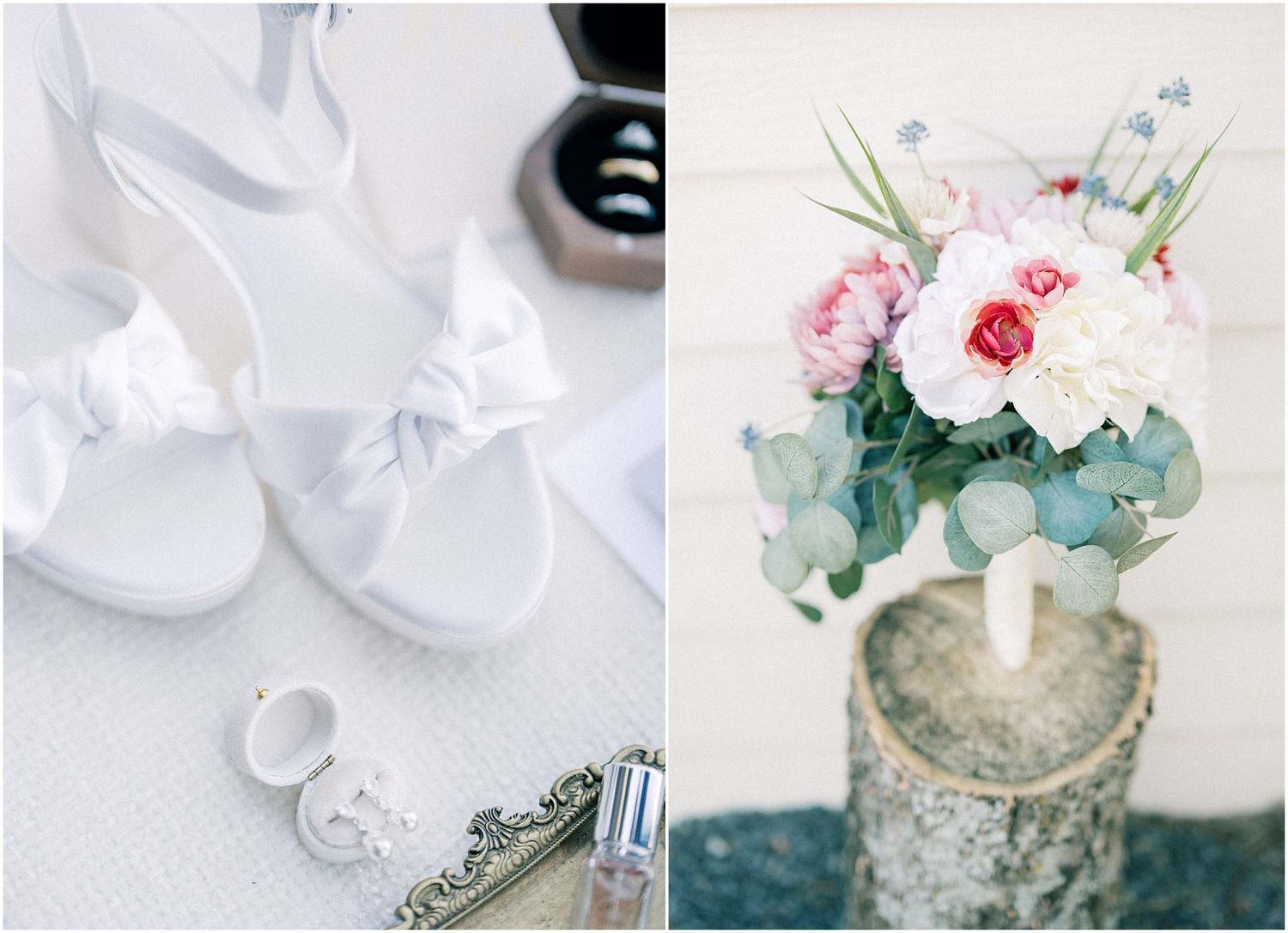 Wedding decor details featuring white florals and vintage-inspired accessories.