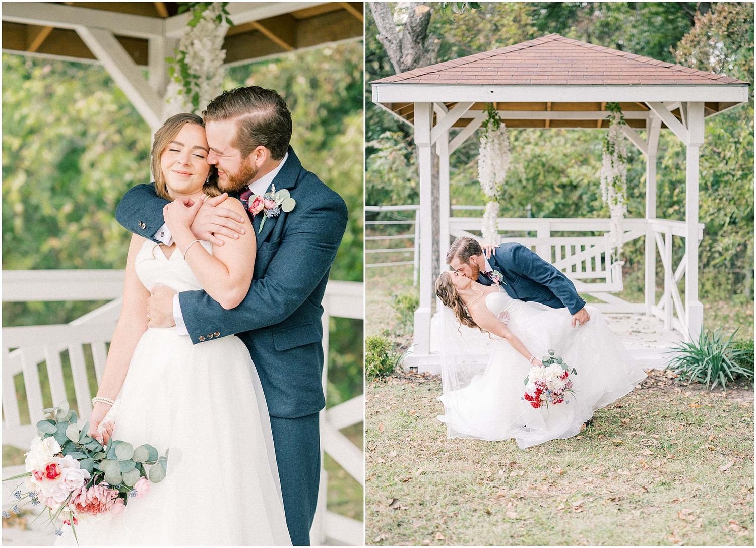 Wedding photography sequence showing romantic poses in a garden setting with white gazebo.