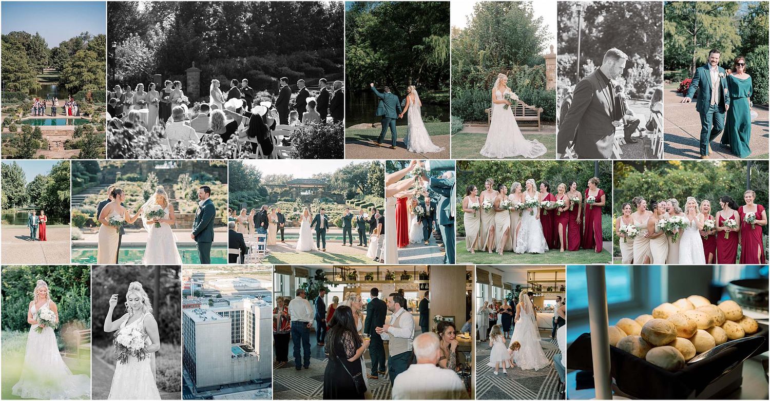 Wedding celebration montage showing outdoor venue, guests, and reception festivities.