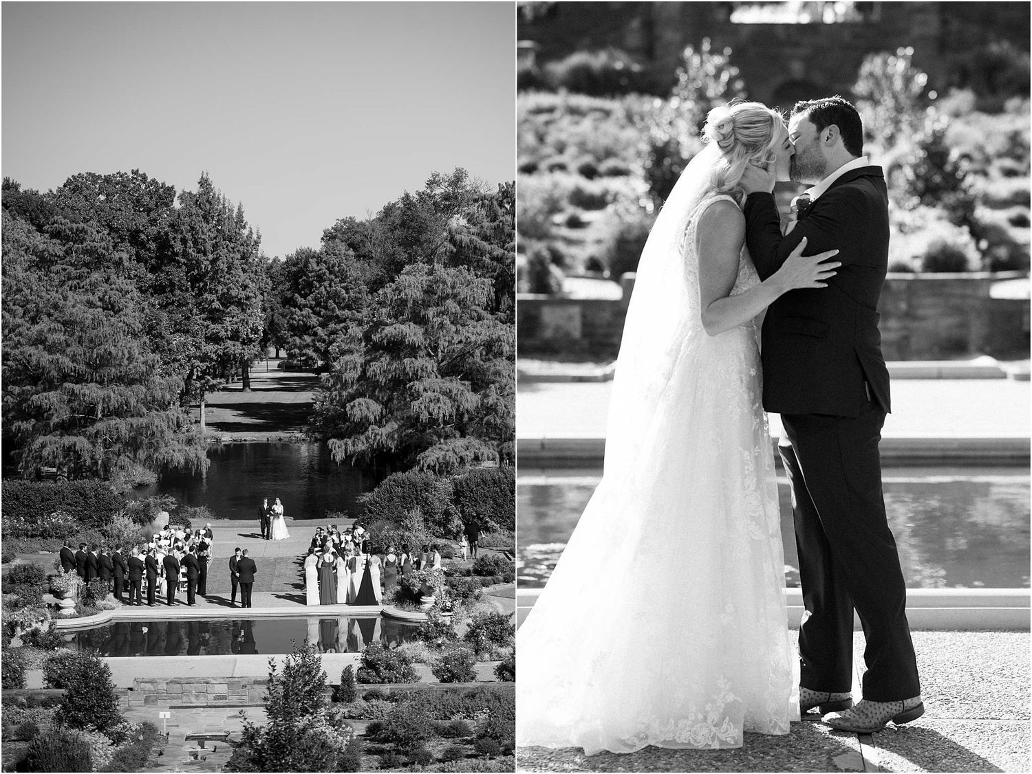 Black and white wedding photos showing ceremony location and couple by reflecting pool.