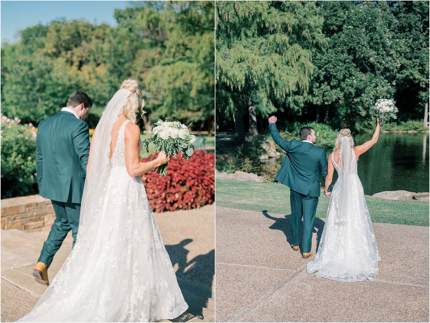 Newlyweds walking together through a scenic garden with red flowers and a pond.