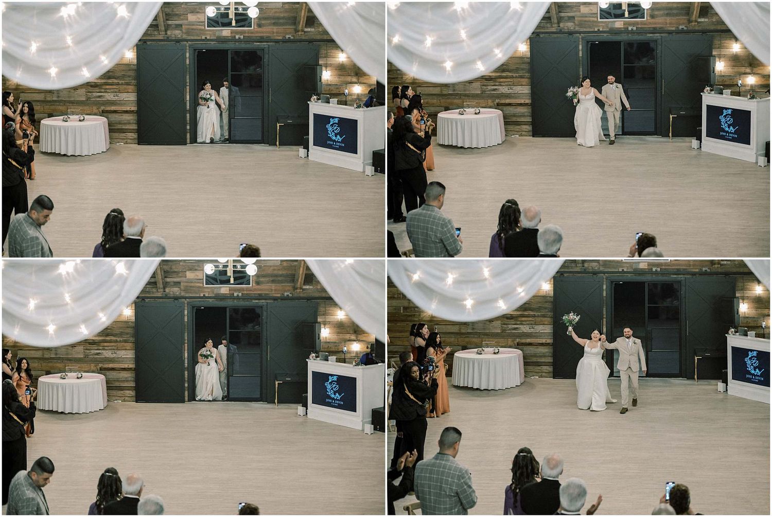 Wedding guests seated in chairs watching a ceremony in a modern indoor venue.