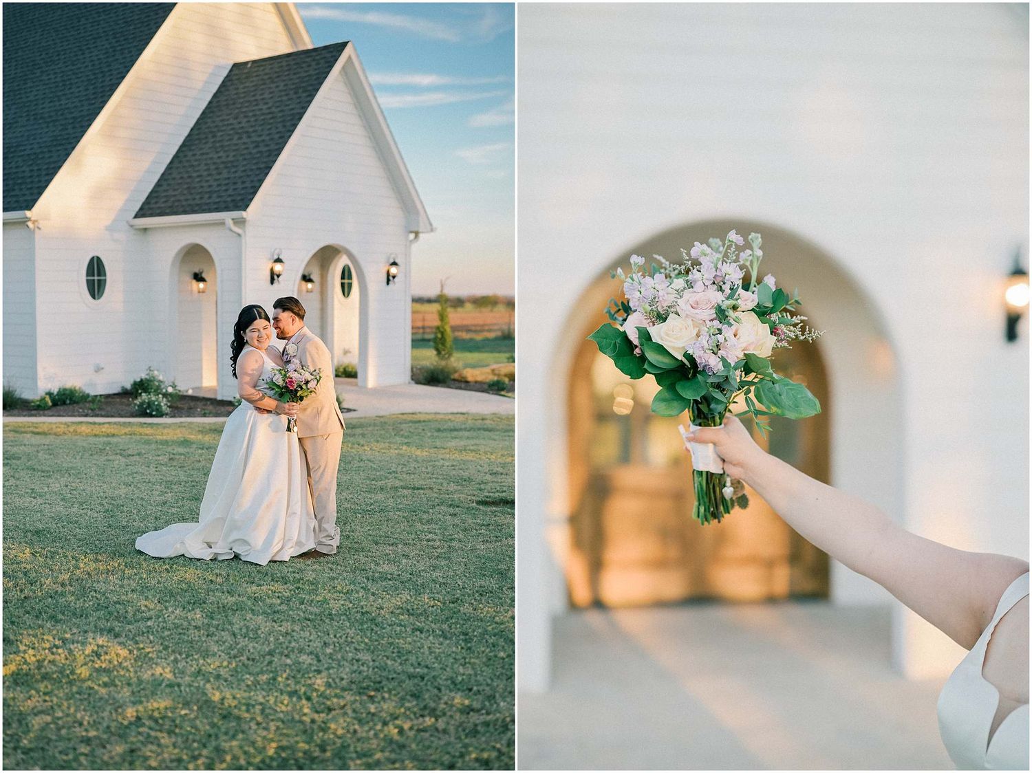 Wedding ceremony collage showing white chapel and outdoor scenes at sunset.