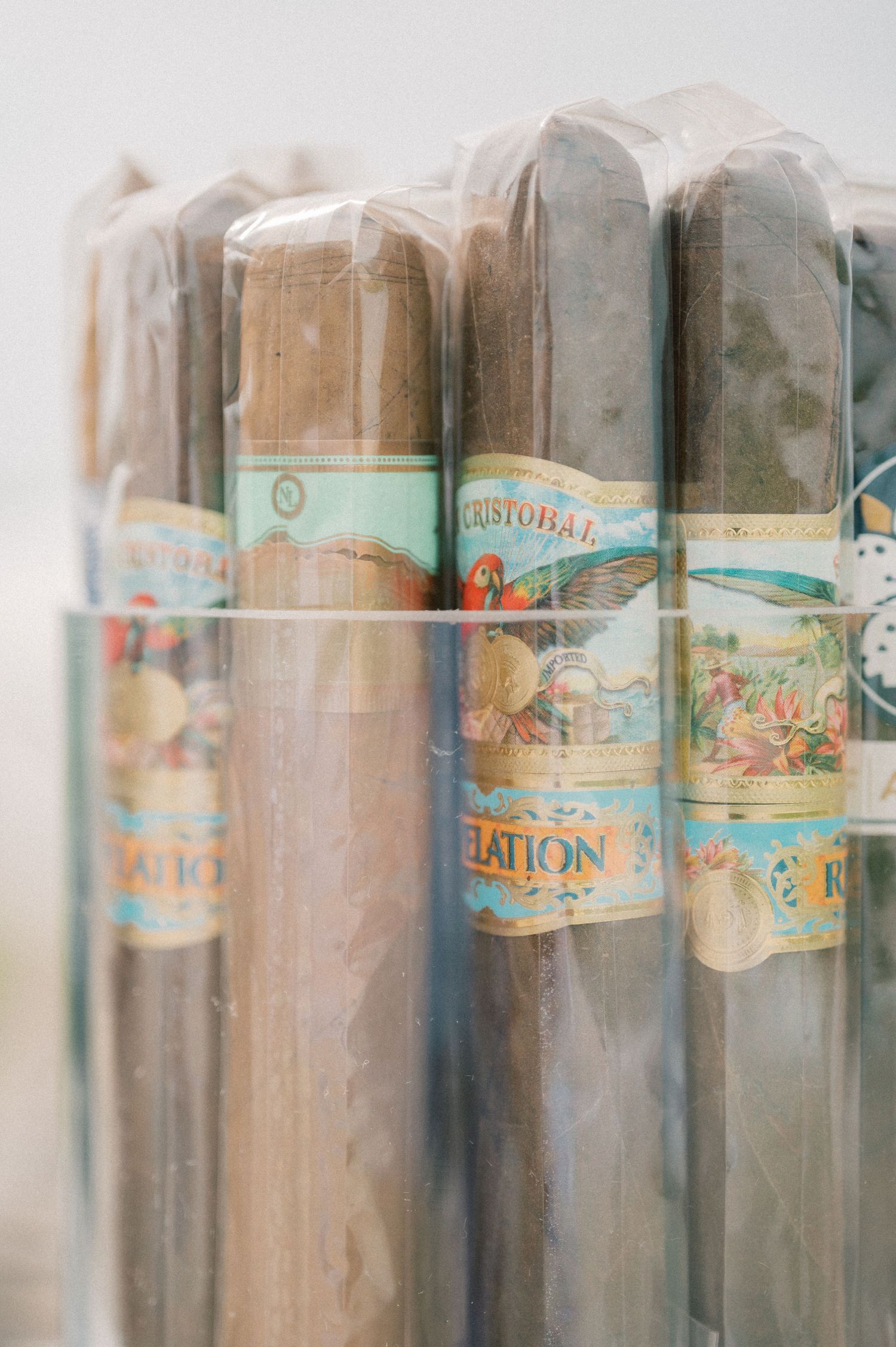 Row of premium cigars with decorative labels displayed in a case.