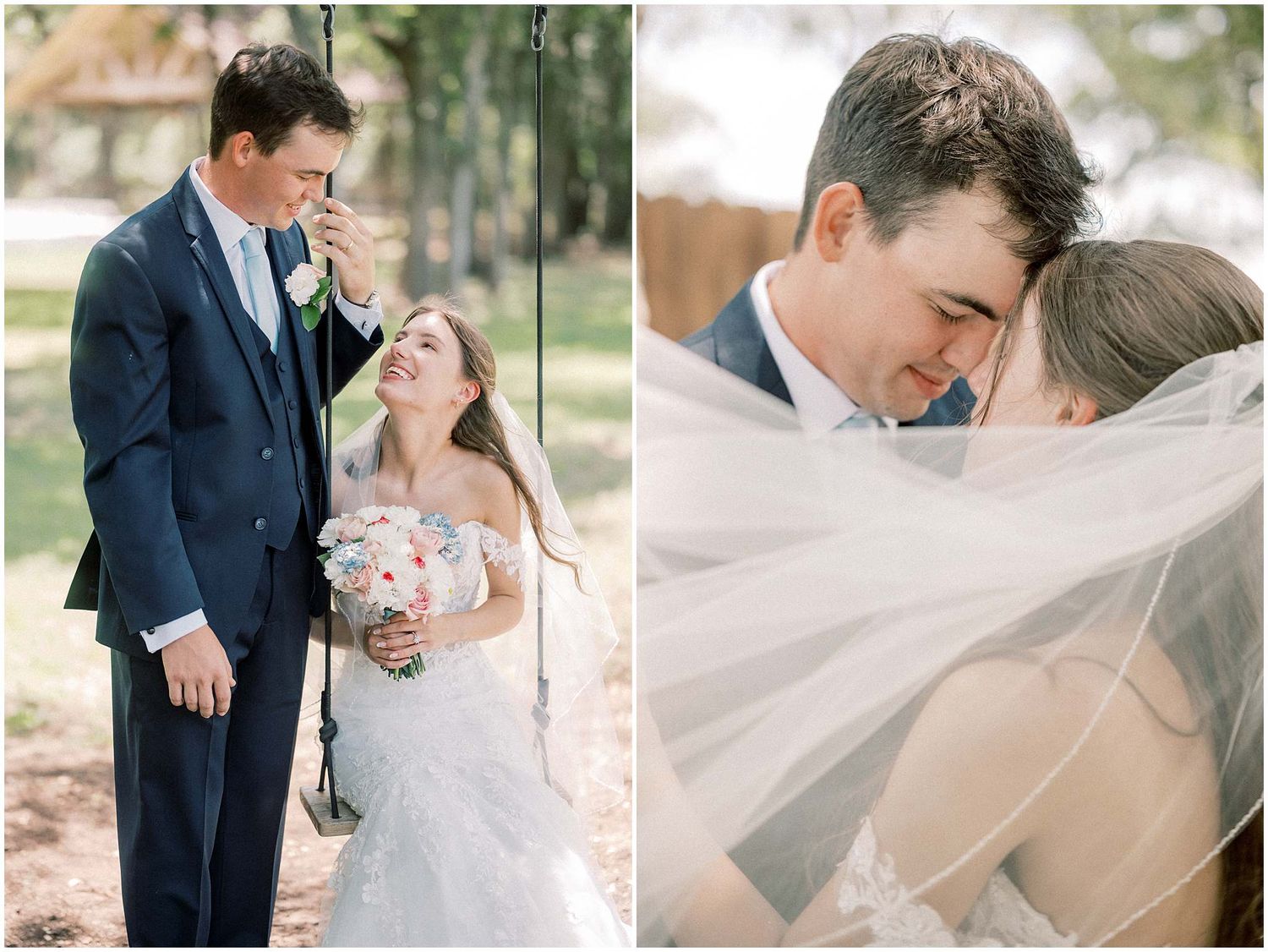 A romantic wedding couple shares intimate moments together in an outdoor garden setting.