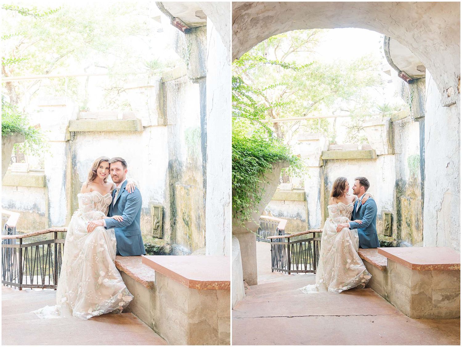 A series of candid wedding photos capturing intimate moments between a couple on an elegant stone balcony.
