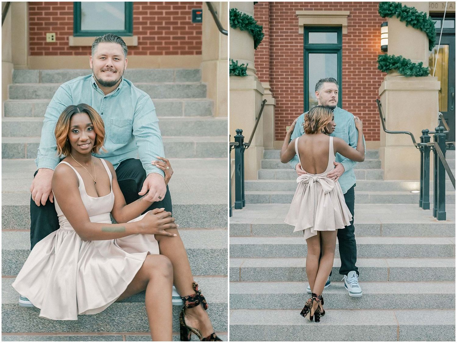 Couple sits and embraces on concrete steps with brick wall backdrop during outdoor photoshoot.