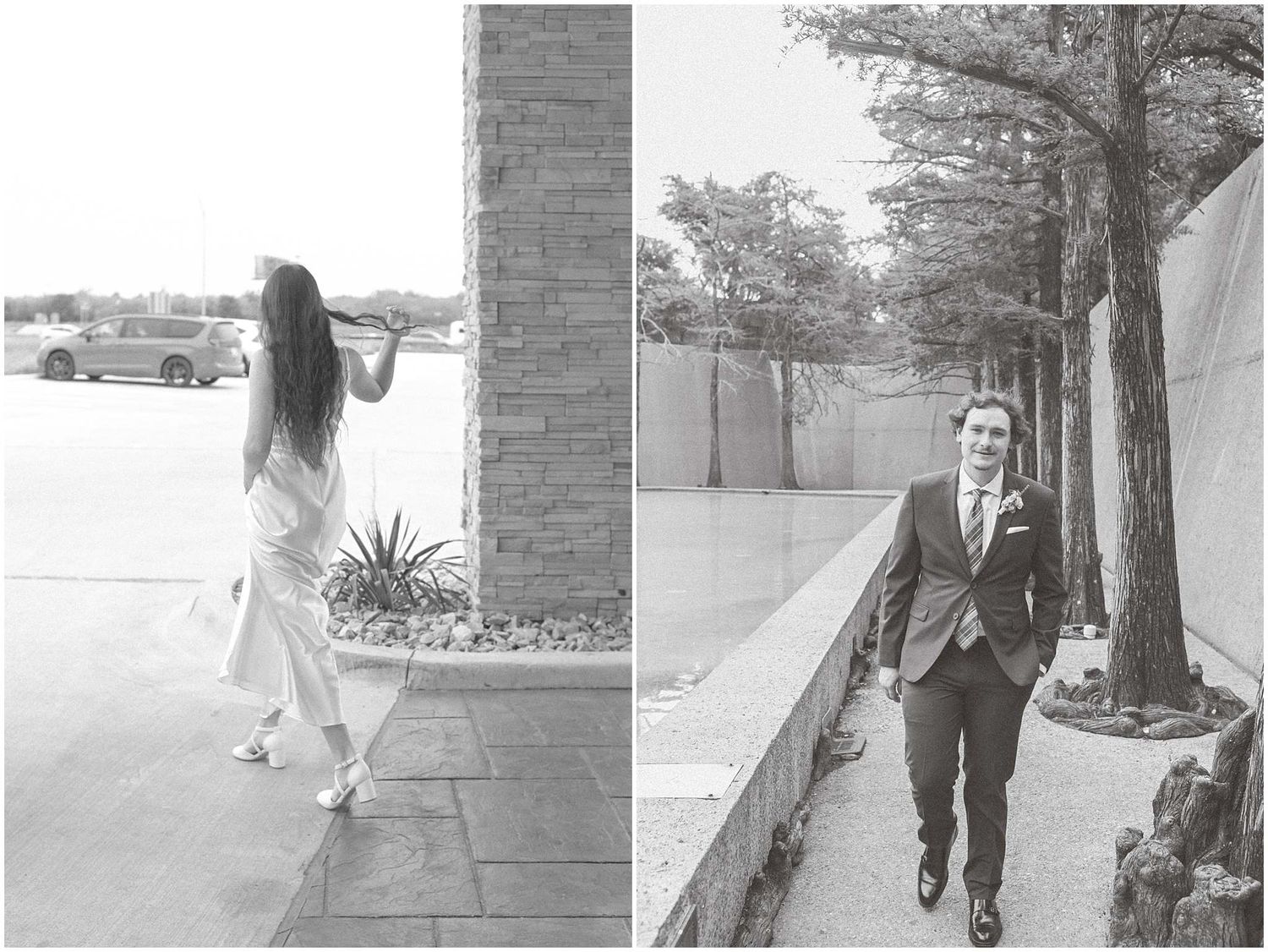 Wedding ceremony setting with stone pathway and outdoor architecture.