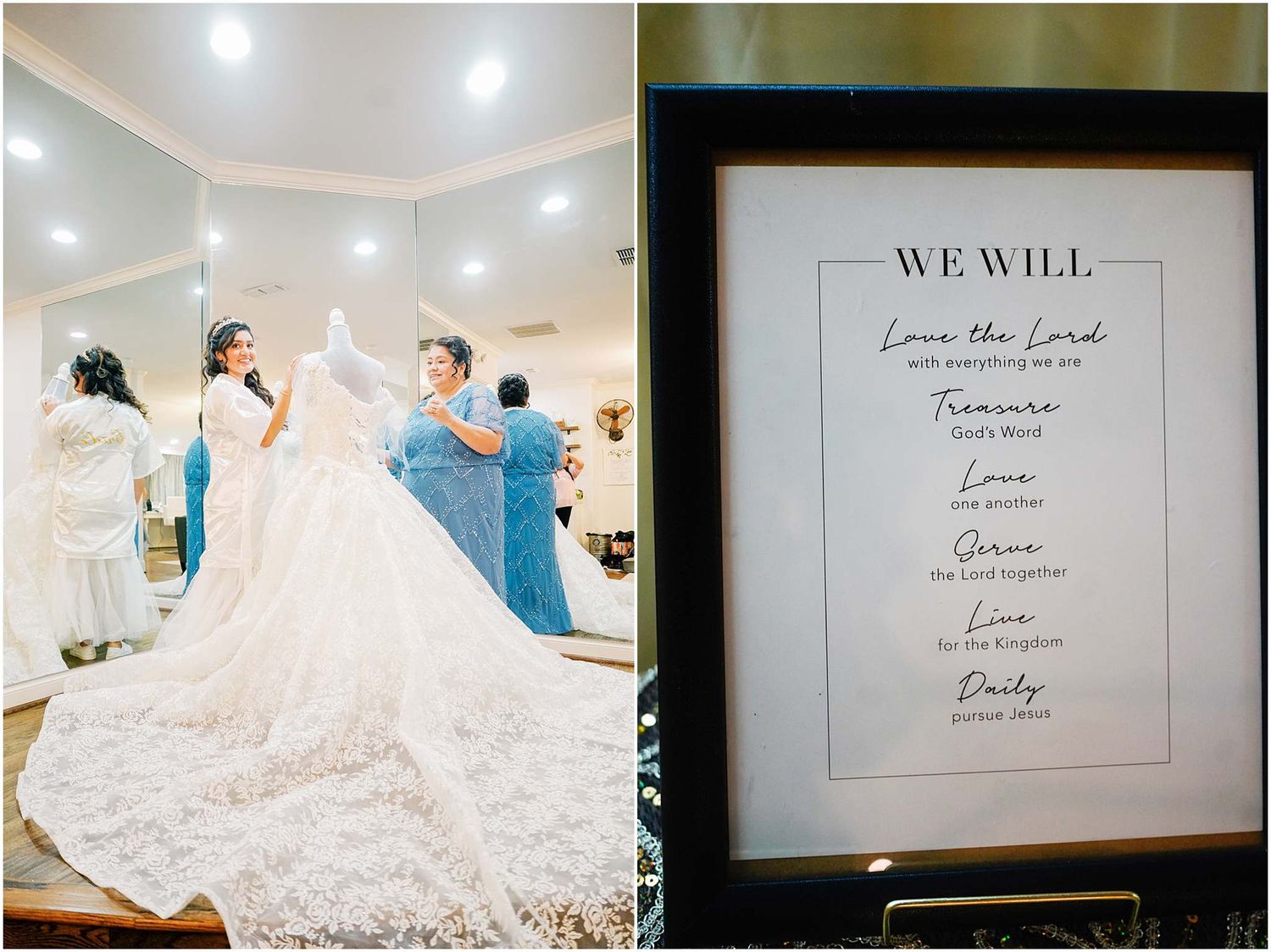 Bride in lace gown with veil being adjusted by wedding party next to elegant We Will vows sign.