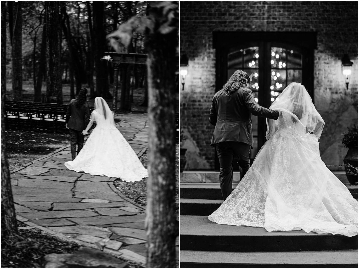 Black and white wedding photos of a bride in a lace gown walking toward a stone venue entrance with her escort.