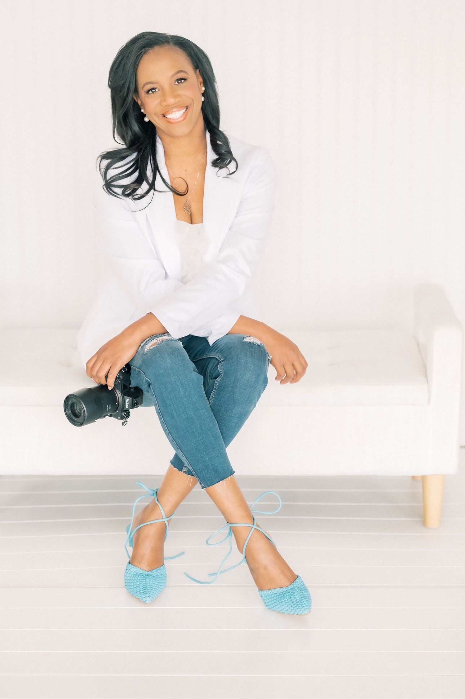 Casual lifestyle portraits on white backdrop with turquoise shoes and denim.