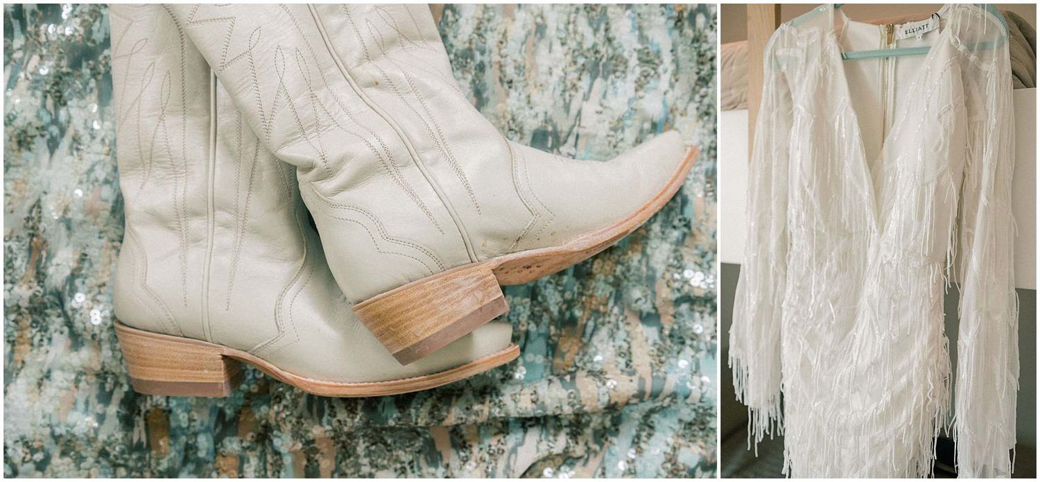 Vintage-style white wedding boots photographed against a blue-green textured backdrop.