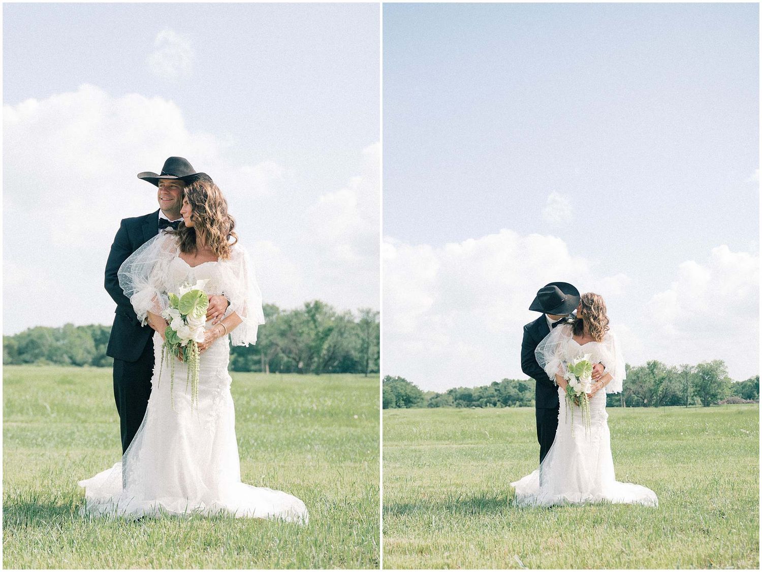 Romantic wedding portraits in a sunny meadow with natural lighting.